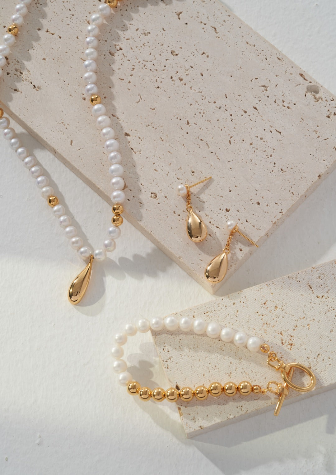 "Pearl's Promise" Gold Drop Pearl Necklace & Earrings & Bracelet