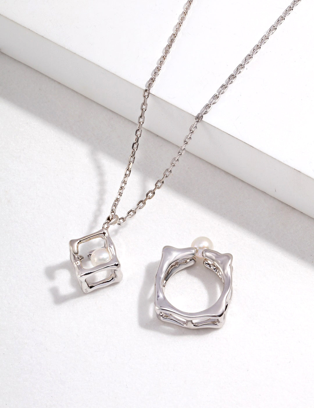 "Deep in Heart" necklace with square pendant and pearl & ring